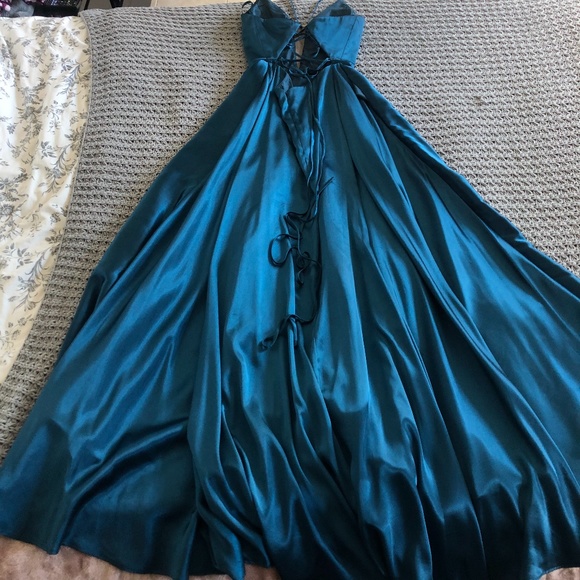 Charmeuse V-neck Dress with Mesh and Lace - Picture 2 of 3